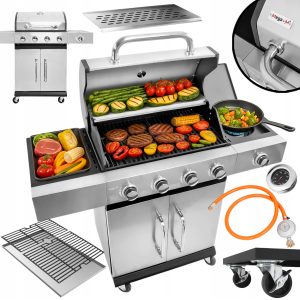 GRILL GAZOWY Ogrodowy RUSZT ŻELIWNY 13kW 4+1 STAL NIERDZEWNA + SZAFKA